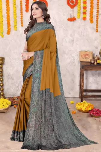Mustard Chiffon Solid/Abstract Printed Saree With Unstitched Blouse Piece