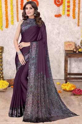 Dark Wine Chiffon Solid/Abstract Printed Saree With Unstitched Blouse Piece 2