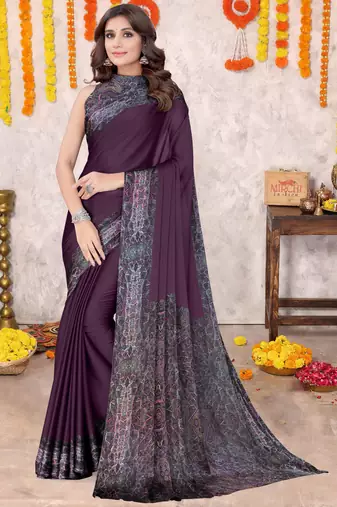 Dark Wine Chiffon Solid/Abstract Printed Saree With Unstitched Blouse Piece