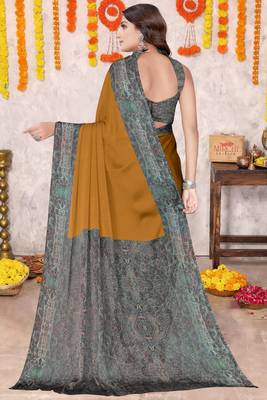 Mustard Chiffon Solid/Abstract Printed Saree With Unstitched Blouse Piece 4