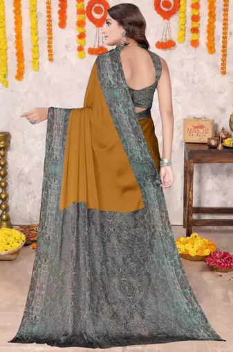 Mustard Chiffon Solid/Abstract Printed Saree With Unstitched Blouse Piece