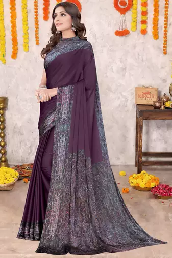 Dark Wine Chiffon Solid/Abstract Printed Saree With Unstitched Blouse Piece
