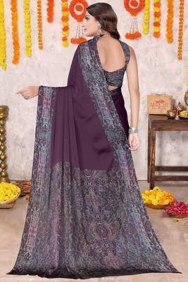 Dark Wine Chiffon Solid/Abstract Printed Saree With Unstitched Blouse Piece 4