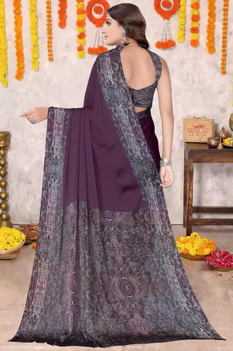 Dark Wine Chiffon Solid/Abstract Printed Saree With Unstitched Blouse Piece