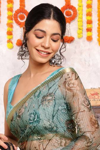 Pastel Green Kota Doria/Polyester Floral Print Golden Zari Border Saree With Unstitched Blouse Piece