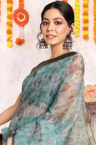 Teal Kota Doria/Polyester Abstract Print Golden Zari Border Saree With Unstitched Blouse Piece
