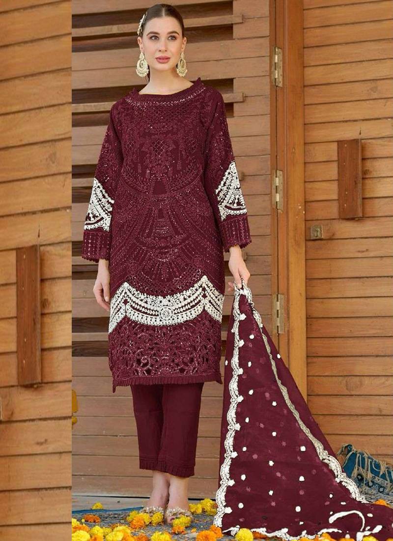 Maroon heavy organza embroidery pakistani salwar suit