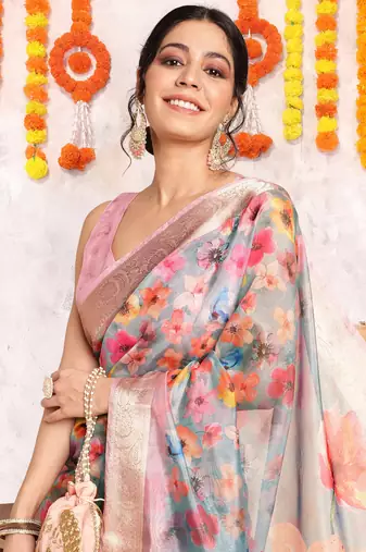 Dusty turquoise organza floral print golden zari woven border saree with unstitched blouse piece