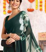 Dark green chiffon shibori print gotta pati lace border saree with unstitched blouse piece