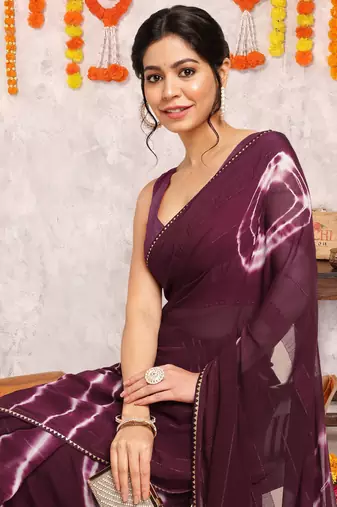 Wine chiffon shibori print gotta pati lace border saree with unstitched blouse piece
