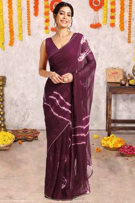 Wine chiffon shibori print gotta pati lace border saree with unstitched blouse piece 2