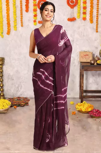 Wine chiffon shibori print gotta pati lace border saree with unstitched blouse piece