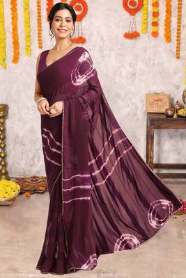 Wine chiffon shibori print gotta pati lace border saree with unstitched blouse piece 3