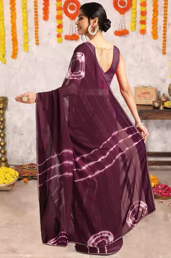 Wine chiffon shibori print gotta pati lace border saree with unstitched blouse piece