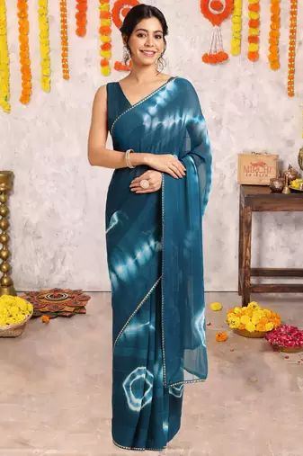 Dark rama blue chiffon shibori print gotta pati lace border saree with unstitched blouse piece