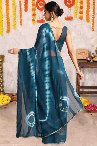 Dark rama blue chiffon shibori print gotta pati lace border saree with unstitched blouse piece