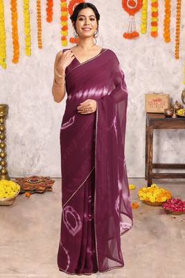 Wine chiffon shibori print gotta pati lace border saree with unstitched blouse piece 2