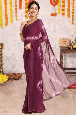 Wine chiffon shibori print gotta pati lace border saree with unstitched blouse piece 3