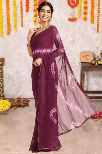 Wine chiffon shibori print gotta pati lace border saree with unstitched blouse piece