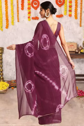 Wine chiffon shibori print gotta pati lace border saree with unstitched blouse piece