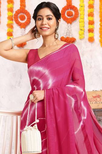 Rani pink chiffon shibori print gotta pati lace border saree with unstitched blouse piece