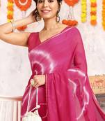 Rani pink chiffon shibori print gotta pati lace border saree with unstitched blouse piece