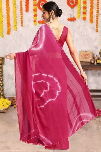 Rani pink chiffon shibori print gotta pati lace border saree with unstitched blouse piece