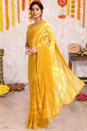Mustard chiffon shibori print gotta pati lace border saree with unstitched blouse piece