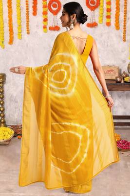 Mustard chiffon shibori print gotta pati lace border saree with unstitched blouse piece 4