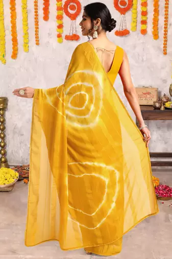 Mustard chiffon shibori print gotta pati lace border saree with unstitched blouse piece