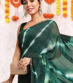Dark green chiffon shibori print gotta pati lace border saree with unstitched blouse piece