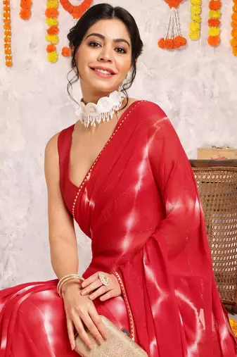 Red chiffon shibori print gotta pati lace border saree with unstitched blouse piece