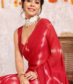 Red chiffon shibori print gotta pati lace border saree with unstitched blouse piece