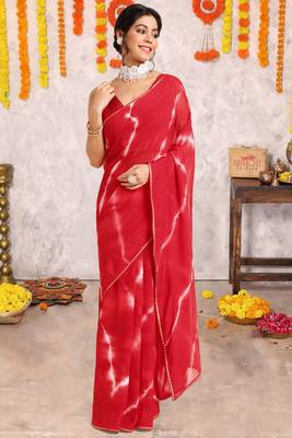 Red chiffon shibori print gotta pati lace border saree with unstitched blouse piece 2