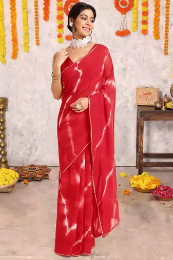 Red chiffon shibori print gotta pati lace border saree with unstitched blouse piece
