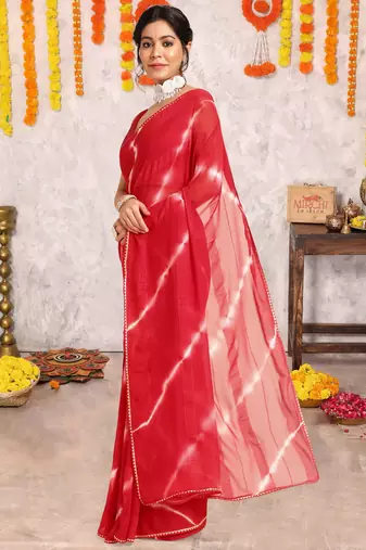 Red chiffon shibori print gotta pati lace border saree with unstitched blouse piece