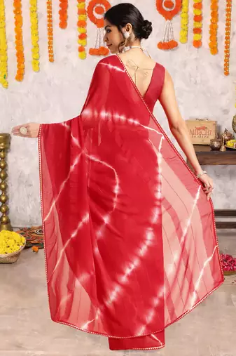 Red chiffon shibori print gotta pati lace border saree with unstitched blouse piece
