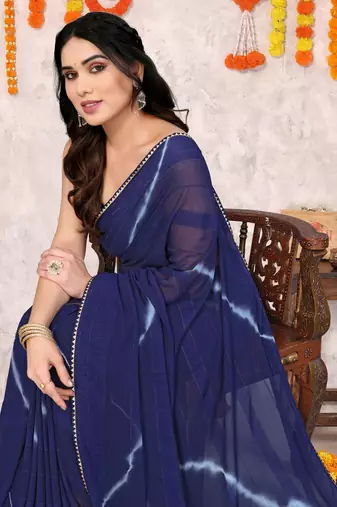 Navy blue chiffon shibori print gotta pati lace border saree with unstitched blouse piece