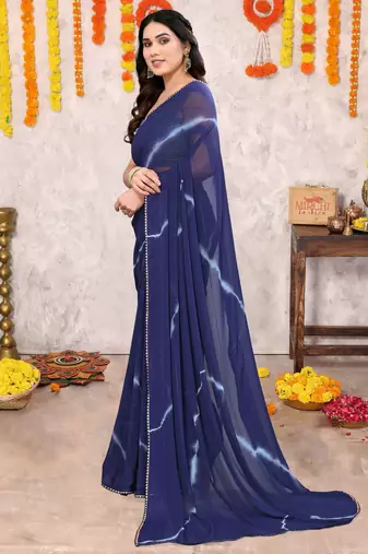Navy blue chiffon shibori print gotta pati lace border saree with unstitched blouse piece