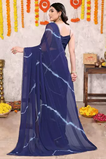 Navy blue chiffon shibori print gotta pati lace border saree with unstitched blouse piece