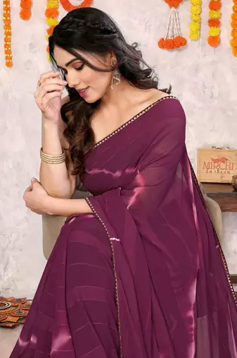 Wine chiffon shibori print gotta pati lace border saree with unstitched blouse piece