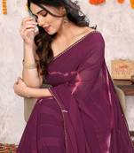 Wine chiffon shibori print gotta pati lace border saree with unstitched blouse piece