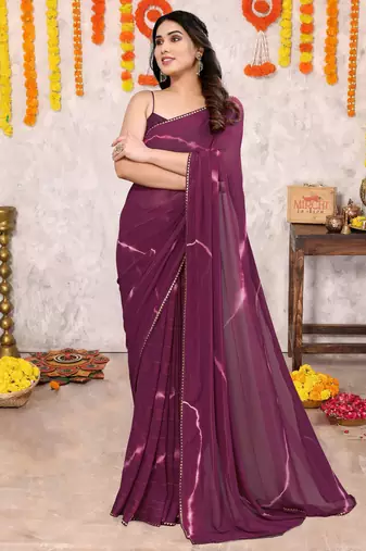 Wine chiffon shibori print gotta pati lace border saree with unstitched blouse piece