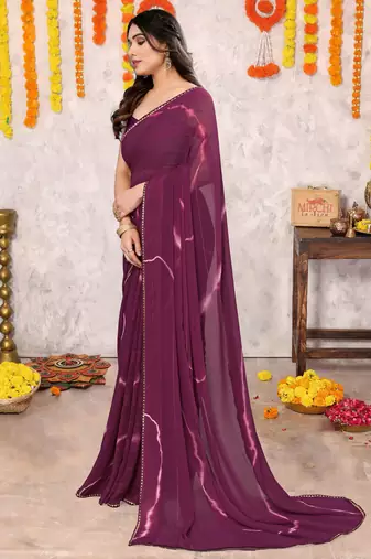 Wine chiffon shibori print gotta pati lace border saree with unstitched blouse piece