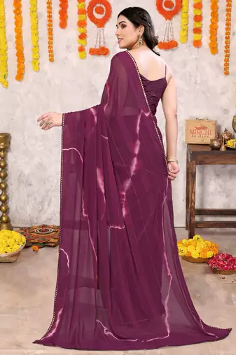 Wine chiffon shibori print gotta pati lace border saree with unstitched blouse piece