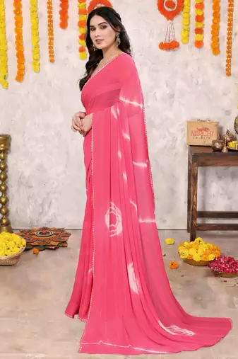 Peach pink chiffon shibori print gotta pati lace border saree with unstitched blouse piece