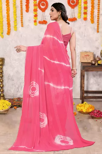Peach pink chiffon shibori print gotta pati lace border saree with unstitched blouse piece