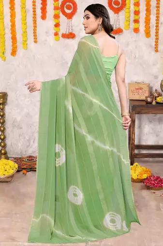 Dusty green chiffon shibori print gotta pati lace border saree with unstitched blouse piece