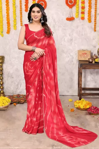 Crimson red chiffon shibori print gotta pati lace border saree with unstitched blouse piece