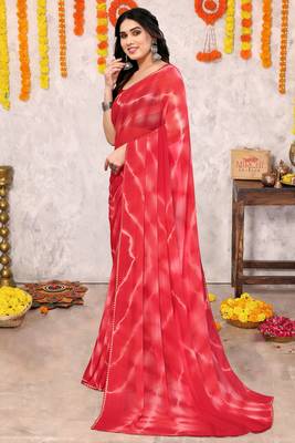 Crimson red chiffon shibori print gotta pati lace border saree with unstitched blouse piece 3